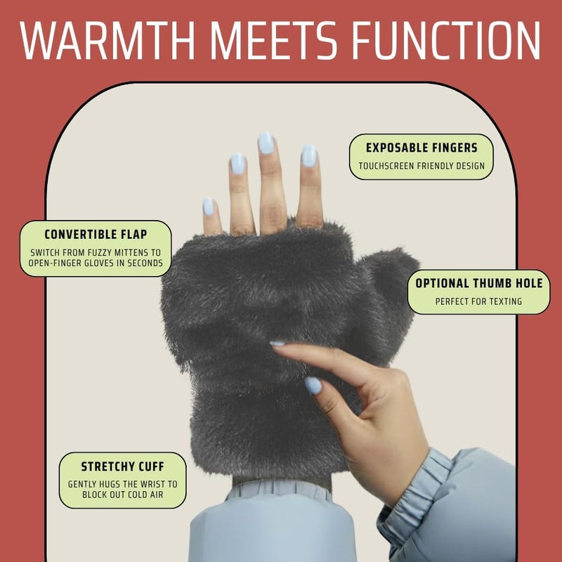 Funky Junque Faux Fur Flip Mittens Womens Warm Convertible Fingerless Gloves - Image 2